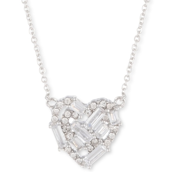 GIVENCHY Silver Pave Round Baguette CZ Crystal Heart Pendant Necklace - Picture 3 of 9